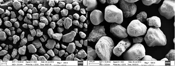 SEM images of the rounded silica erodent (MIL-E-8593A Sand)